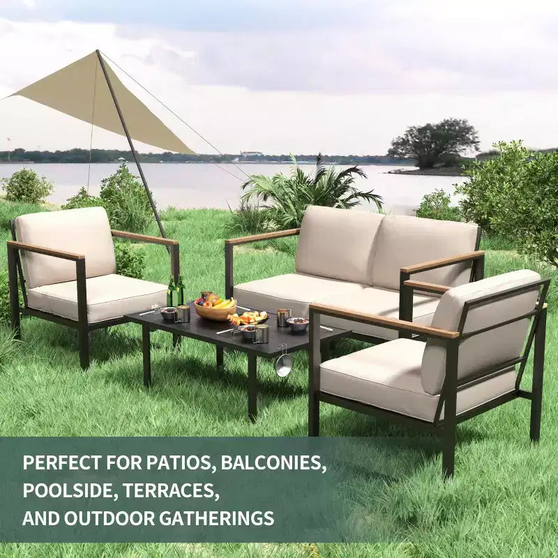 Ensemble de mobilier de jardin 4 pièces - Salon de jardin d'extérieur avec 2 chaises et table basse, coussins beiges pour piscine, jardin, balcon