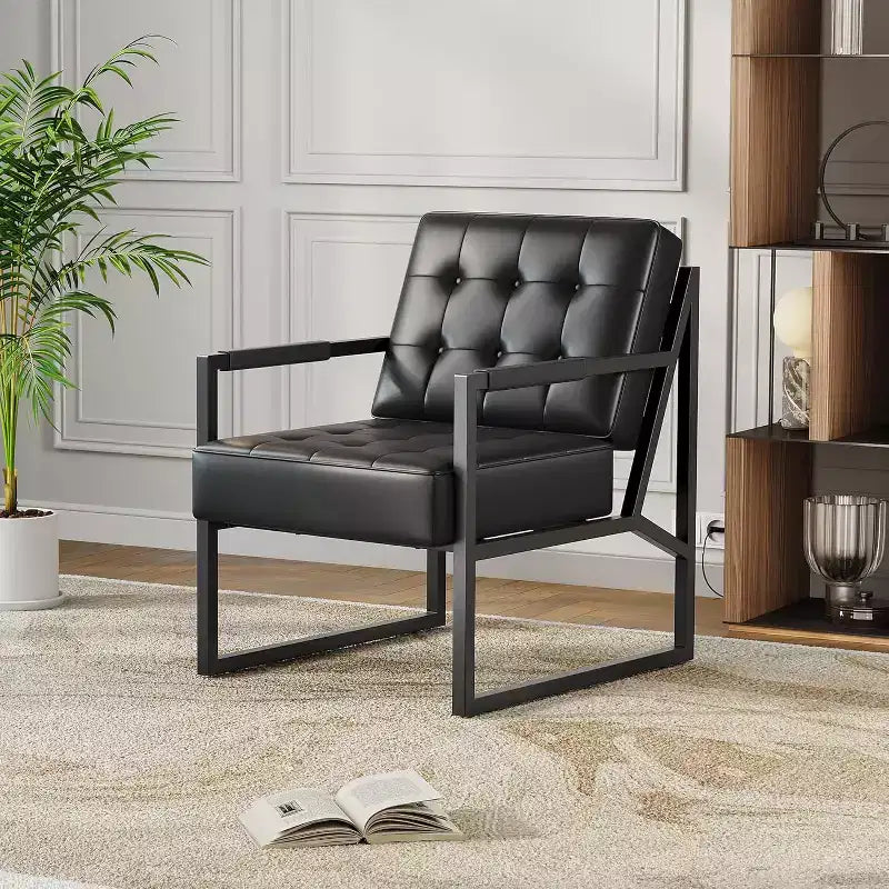 Mid Century Accent Chair, Faux Leather Armchair with Metal Legs, Comfortable and Stylish for Living Room, Bedroom, Reception, Durable Upholstery