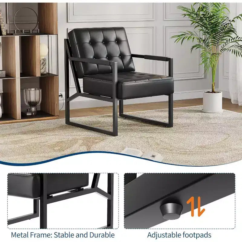 Mid Century Accent Chair, Faux Leather Armchair with Metal Legs, Comfortable and Stylish for Living Room, Bedroom, Reception, Durable Upholstery