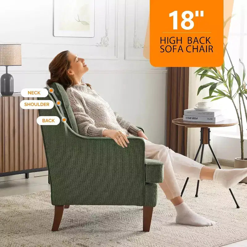 VINGLI Mid-Century Accent Chairs, Green Upholstered Armchair Comfy Sofa Chair Reading Chair High Back Living Room Bedroom Furniture for Apartment