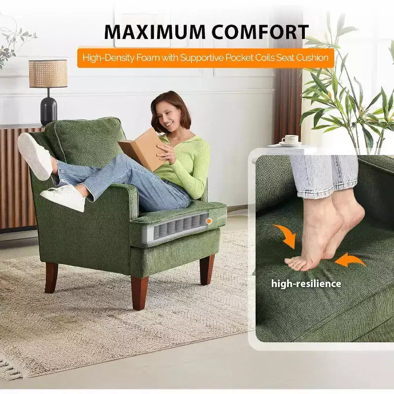 VINGLI Mid-Century Accent Chairs, Green Upholstered Armchair Comfy Sofa Chair Reading Chair High Back Living Room Bedroom Furniture for Apartment