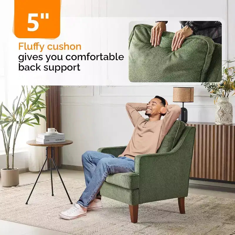 VINGLI Mid-Century Accent Chairs, Green Upholstered Armchair Comfy Sofa Chair Reading Chair High Back Living Room Bedroom Furniture for Apartment