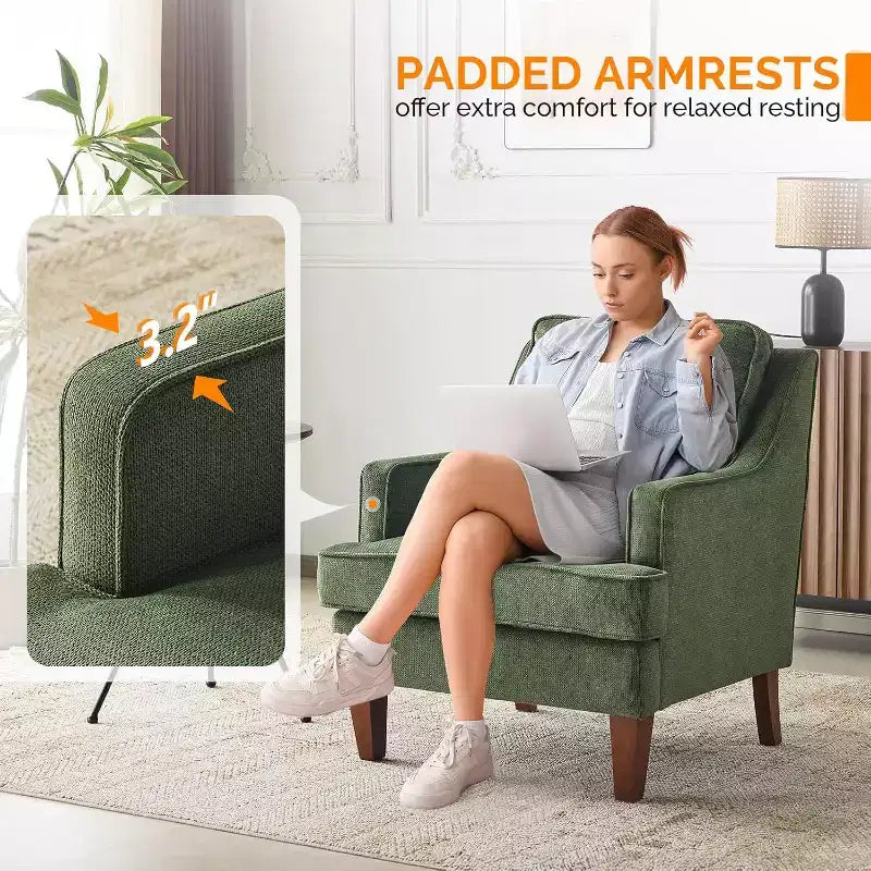 VINGLI Mid-Century Accent Chairs, Green Upholstered Armchair Comfy Sofa Chair Reading Chair High Back Living Room Bedroom Furniture for Apartment