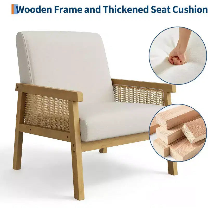 Fauteuil d'appoint rembourré Coolmee en rotin, fauteuil à dossier haut avec cadre en bois, chaise de lecture et de loisirs pour la maison et la salle d'attente