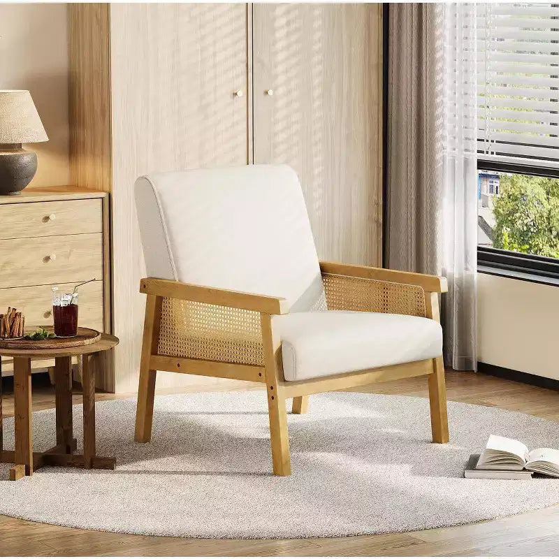 Fauteuil d'appoint rembourré Coolmee en rotin, fauteuil à dossier haut avec cadre en bois, chaise de lecture et de loisirs pour la maison et la salle d'attente