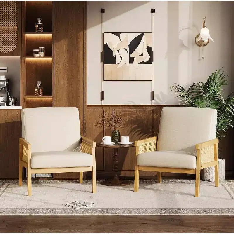Fauteuil d'appoint rembourré Coolmee en rotin, fauteuil à dossier haut avec cadre en bois, chaise de lecture et de loisirs pour la maison et la salle d'attente