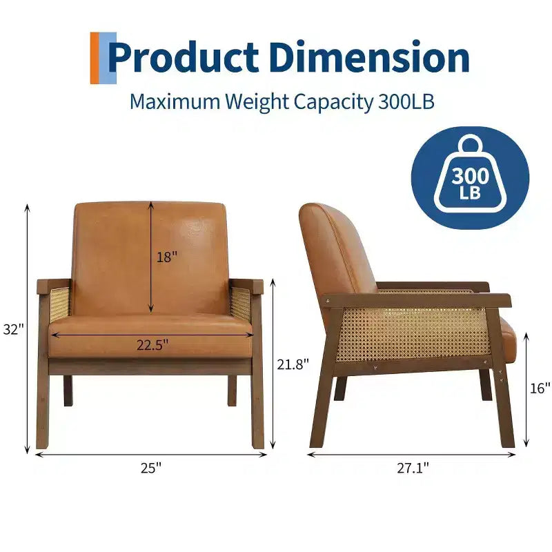 Fauteuil d'appoint rembourré Coolmee en rotin, fauteuil à dossier haut avec cadre en bois, chaise de lecture et de loisirs pour la maison et la salle d'attente