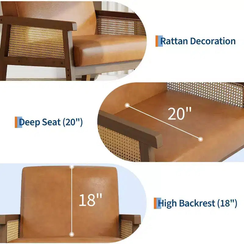 Fauteuil d'appoint rembourré Coolmee en rotin, fauteuil à dossier haut avec cadre en bois, chaise de lecture et de loisirs pour la maison et la salle d'attente