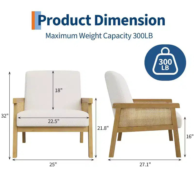 Fauteuil d'appoint rembourré Coolmee en rotin, fauteuil à dossier haut avec cadre en bois, chaise de lecture et de loisirs pour la maison et la salle d'attente