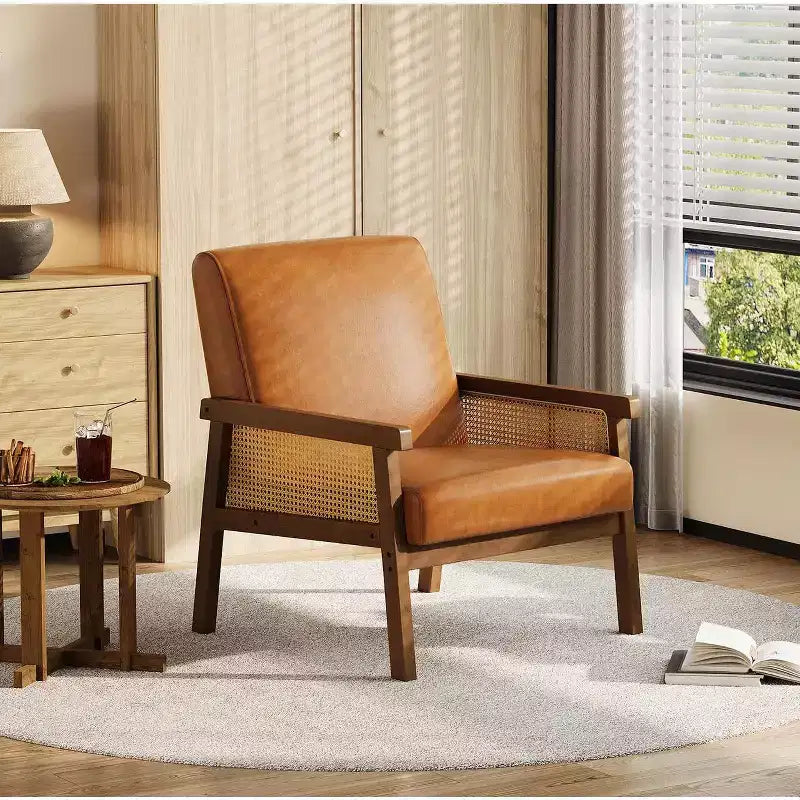 Fauteuil d'appoint rembourré Coolmee en rotin, fauteuil à dossier haut avec cadre en bois, chaise de lecture et de loisirs pour la maison et la salle d'attente