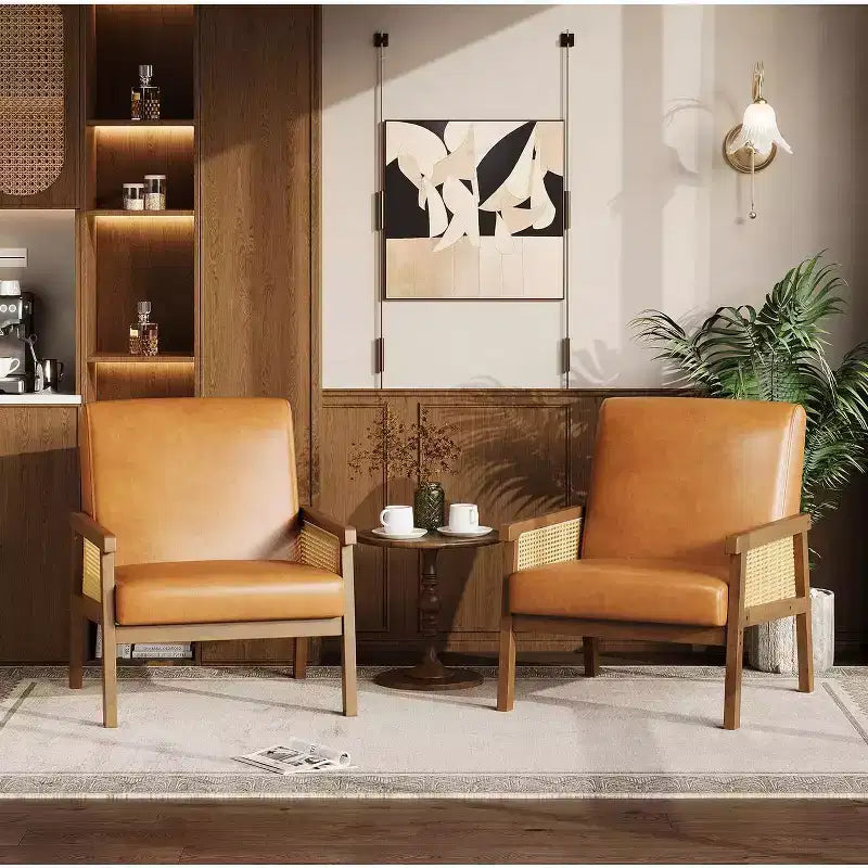 Fauteuil d'appoint rembourré Coolmee en rotin, fauteuil à dossier haut avec cadre en bois, chaise de lecture et de loisirs pour la maison et la salle d'attente