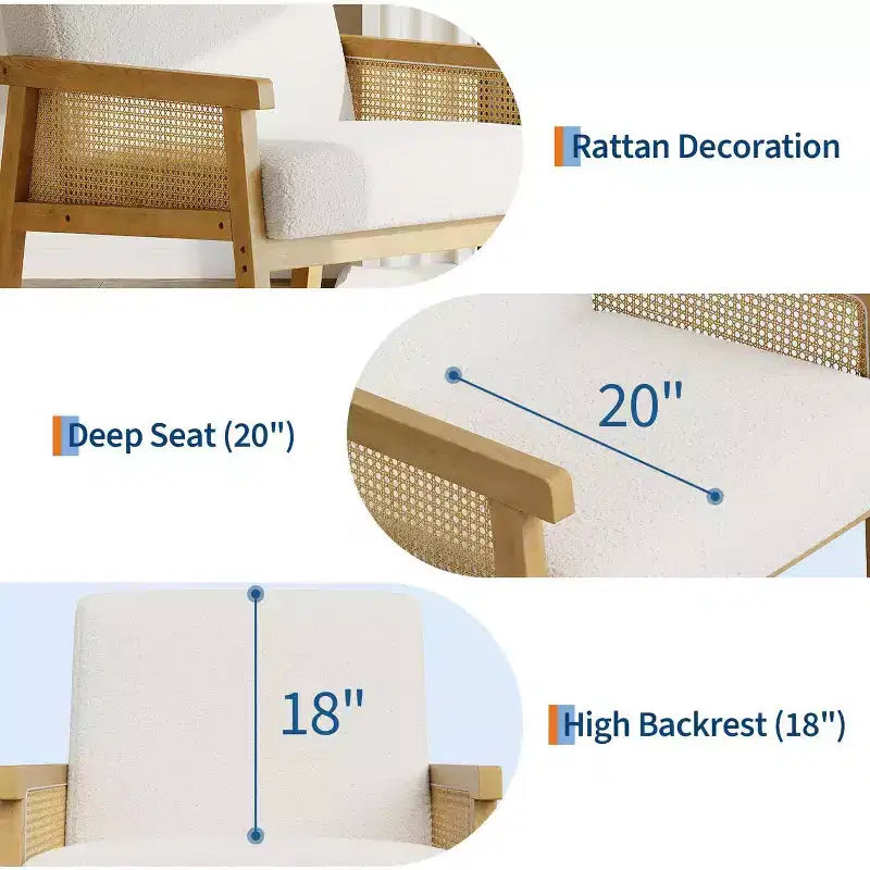 Fauteuil d'appoint rembourré Coolmee en rotin, fauteuil à dossier haut avec cadre en bois, chaise de lecture et de loisirs pour la maison et la salle d'attente