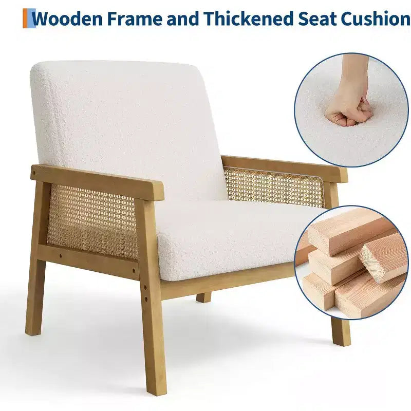 Fauteuil d'appoint rembourré Coolmee en rotin, fauteuil à dossier haut avec cadre en bois, chaise de lecture et de loisirs pour la maison et la salle d'attente