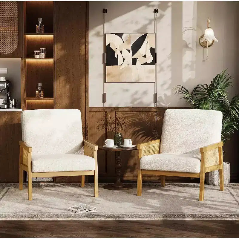 Fauteuil d'appoint rembourré Coolmee en rotin, fauteuil à dossier haut avec cadre en bois, chaise de lecture et de loisirs pour la maison et la salle d'attente