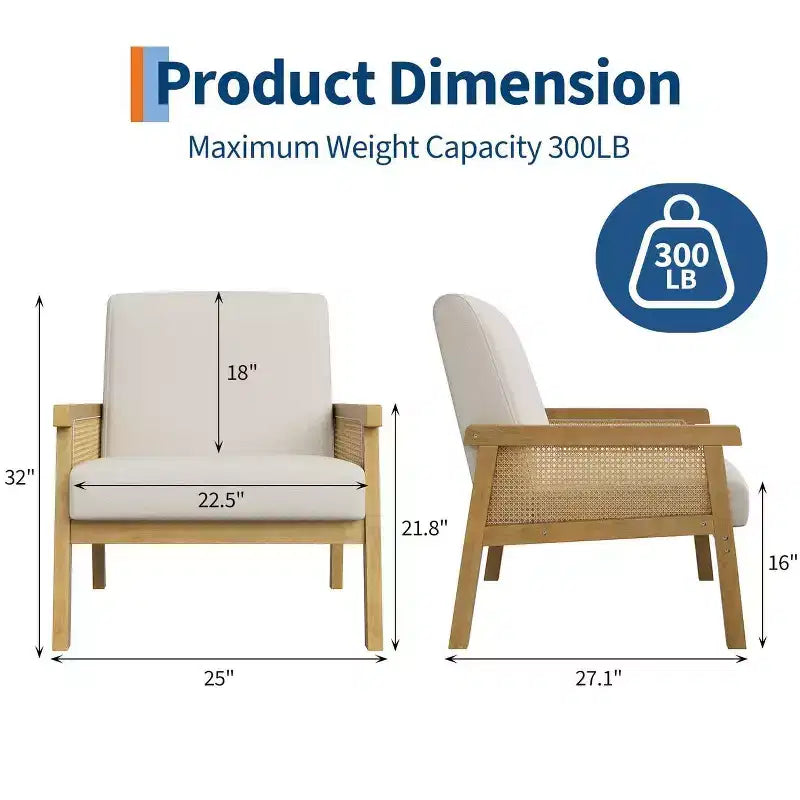 Fauteuil d'appoint rembourré Coolmee en rotin, fauteuil à dossier haut avec cadre en bois, chaise de lecture et de loisirs pour la maison et la salle d'attente