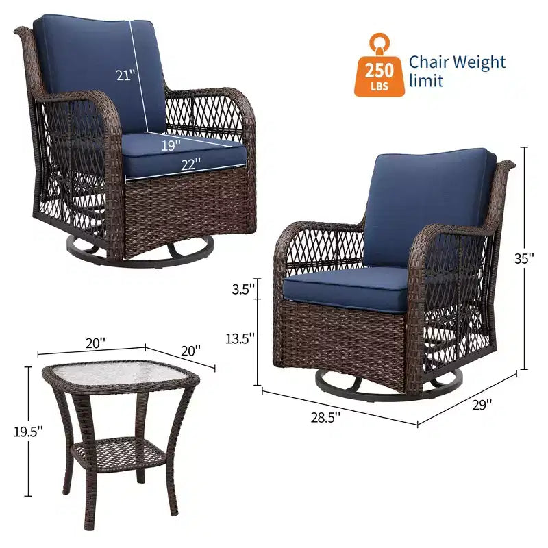 Chaises de jardin pivotantes en osier, fauteuil à bascule pivotant à 360 degrés, ensemble de bistro 3 pièces pour véranda, balcon