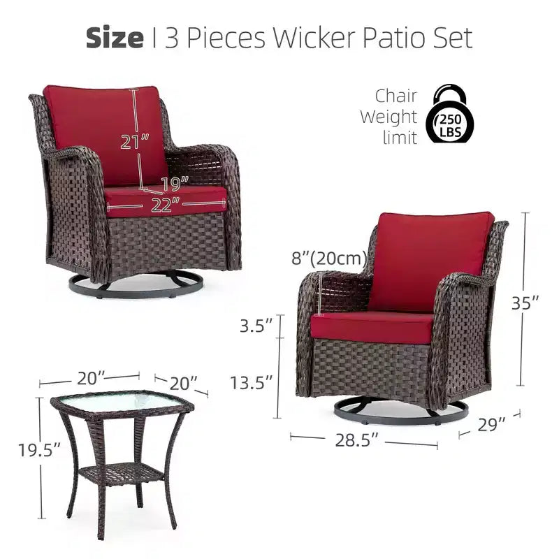 Chaises de jardin pivotantes en osier, fauteuil à bascule pivotant à 360 degrés, ensemble de bistro 3 pièces pour véranda, balcon
