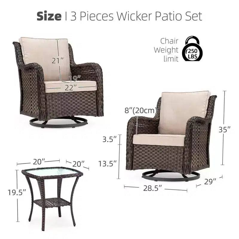 Chaises de jardin pivotantes en osier, fauteuil à bascule pivotant à 360 degrés, ensemble de bistro 3 pièces pour véranda, balcon