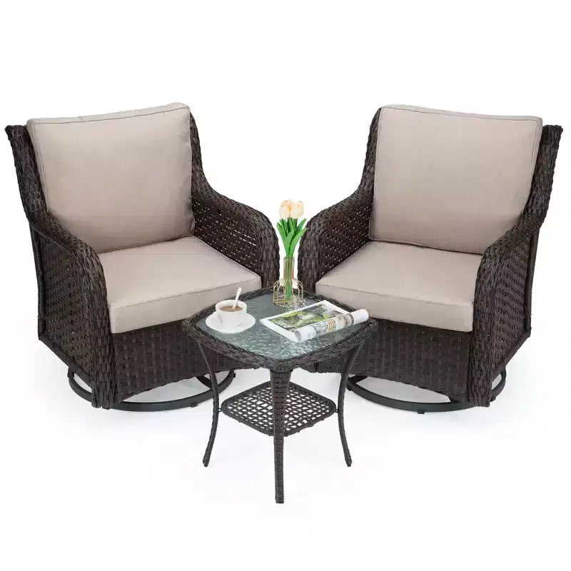 Swivel Wicker Glider Patio Chairs, 360-Degree Swivel Rocking Chair, 3 Pieces Outdoor Bistro Set, for Porch, Balcony