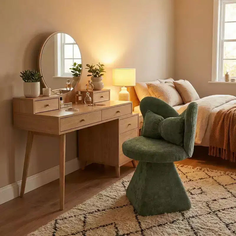 Fauteuil d'appoint pivotant rembourré FurnitureR avec oreiller, fauteuil de coiffeuse sculptural avec dossier incurvé pour chambre, salon ou espace maquillage
