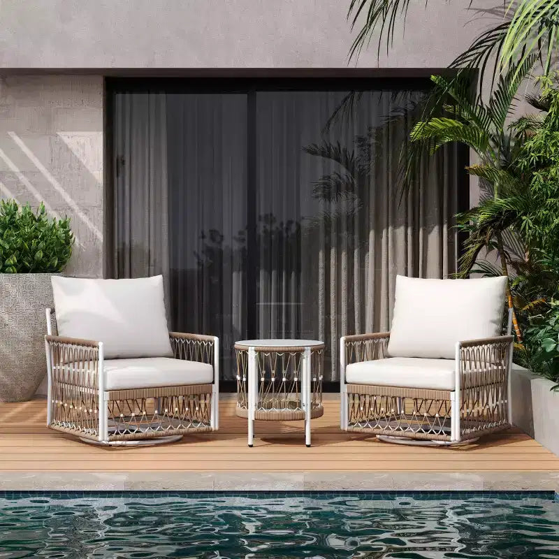 Modern Boho Outdoor Furniture Set, 3-Piece Swivel Patio Chairs with Steel Frame & Glass Side Table for Backyard or Poolside-Panipeachy