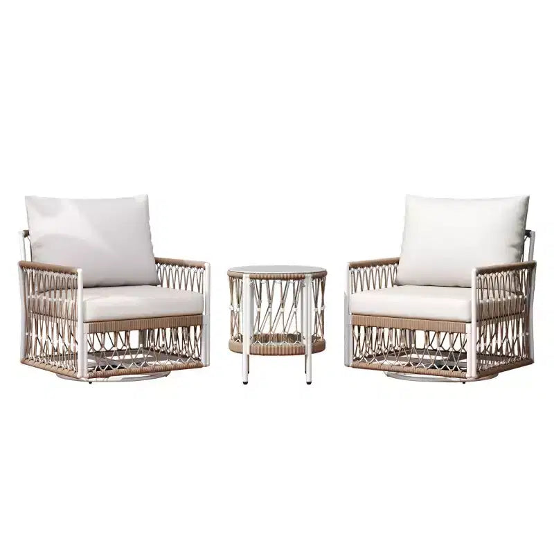 Ensemble de meubles d'extérieur bohème moderne, 3 pièces, fauteuils pivotants de patio avec cadre en acier et table d'appoint en verre pour jardin ou bord de piscine - Panipeachy