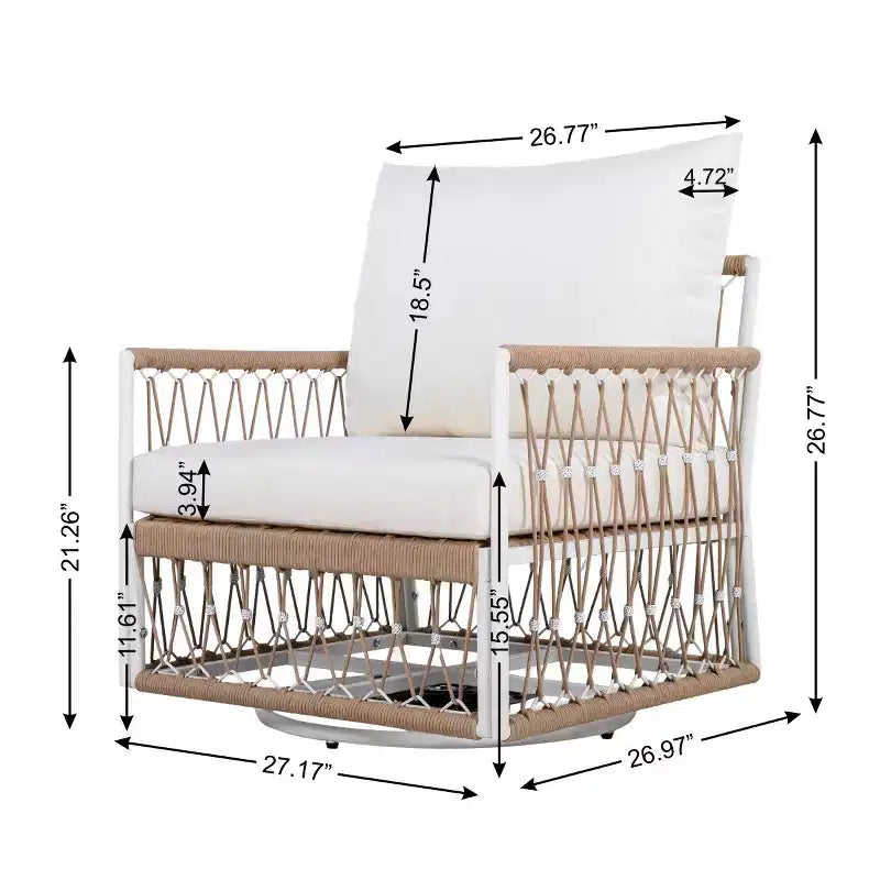 Ensemble de meubles d'extérieur bohème moderne, 3 pièces, fauteuils pivotants de patio avec cadre en acier et table d'appoint en verre pour jardin ou bord de piscine - Panipeachy
