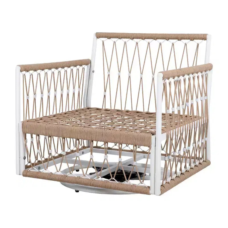 Ensemble de meubles d'extérieur bohème moderne, 3 pièces, fauteuils pivotants de patio avec cadre en acier et table d'appoint en verre pour jardin ou bord de piscine - Panipeachy