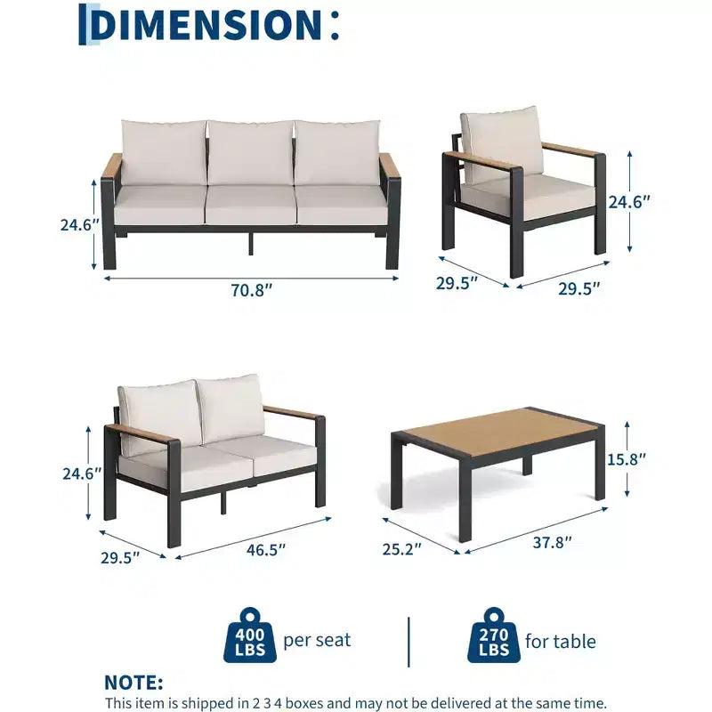 Salon de jardin en aluminium, canapé d'extérieur modulable avec 5 coussins épais, 4 accoudoirs et table basse pour jardin, terrasse, arrière-cour