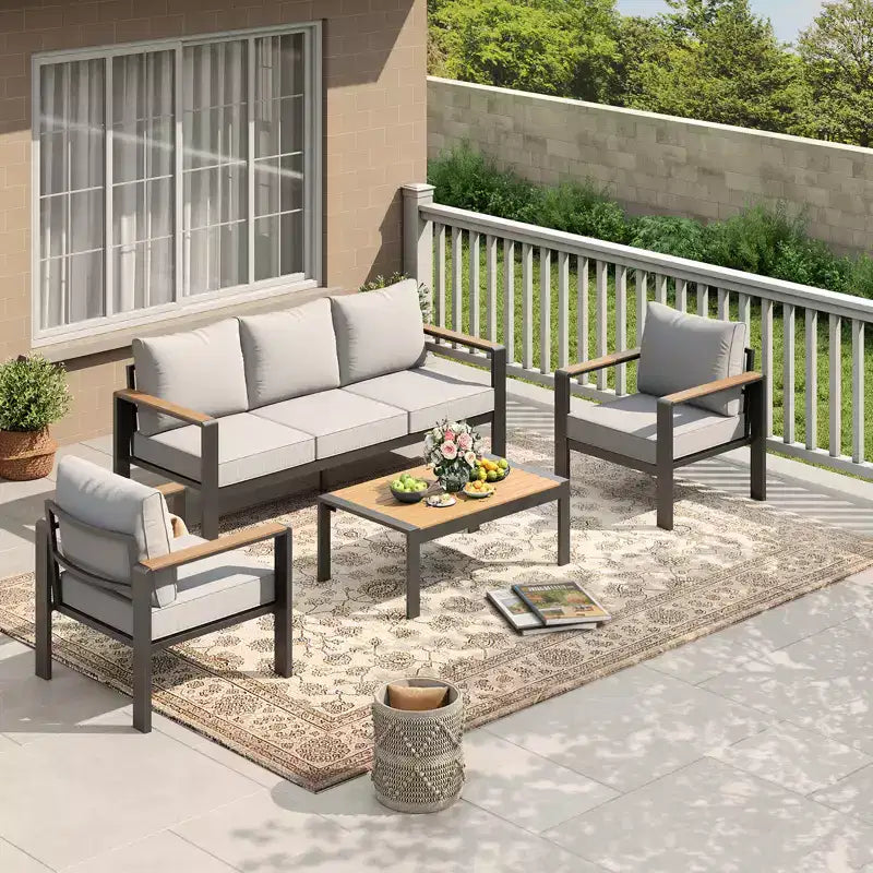 Salon de jardin en aluminium, canapé d'extérieur modulable avec 5 coussins épais, 4 accoudoirs et table basse pour jardin, terrasse, arrière-cour