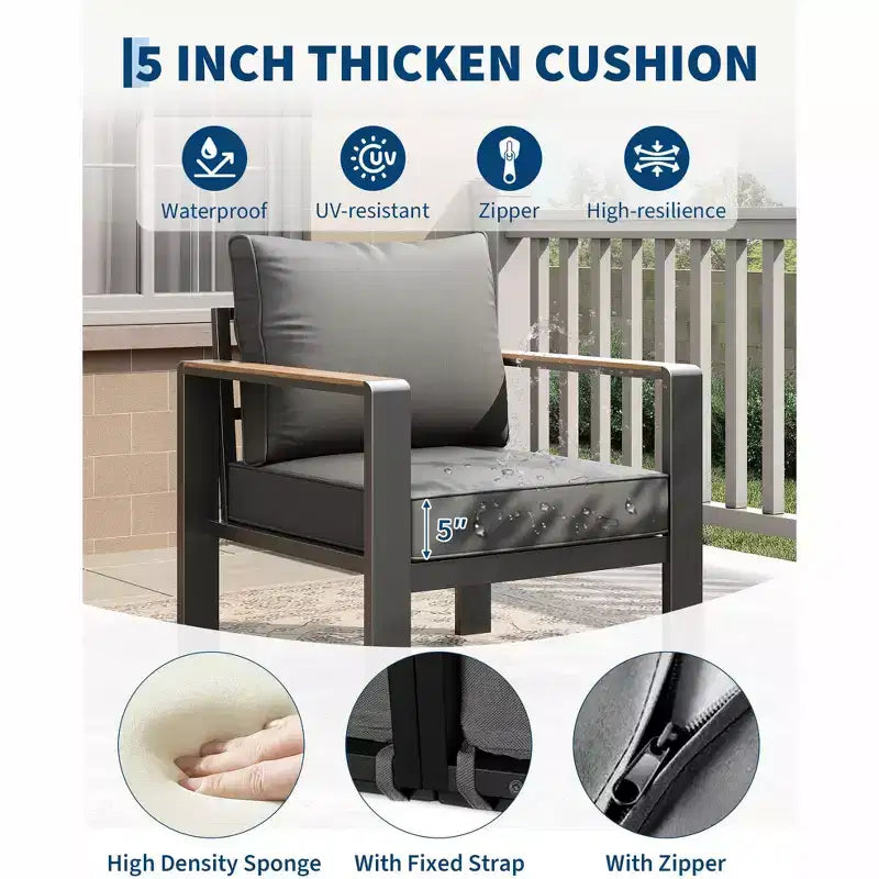 Salon de jardin en aluminium, canapé d'extérieur modulable avec 5 coussins épais, 4 accoudoirs et table basse pour jardin, terrasse, arrière-cour