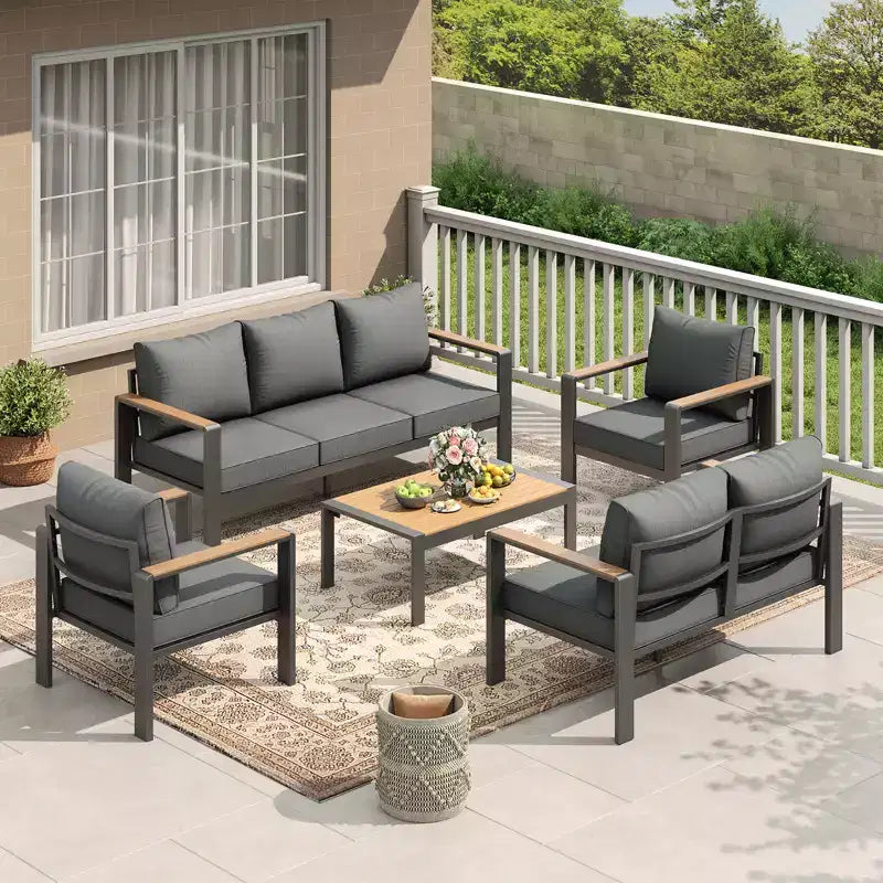 Salon de jardin en aluminium, canapé d'extérieur modulable avec 5 coussins épais, 4 accoudoirs et table basse pour jardin, terrasse, arrière-cour