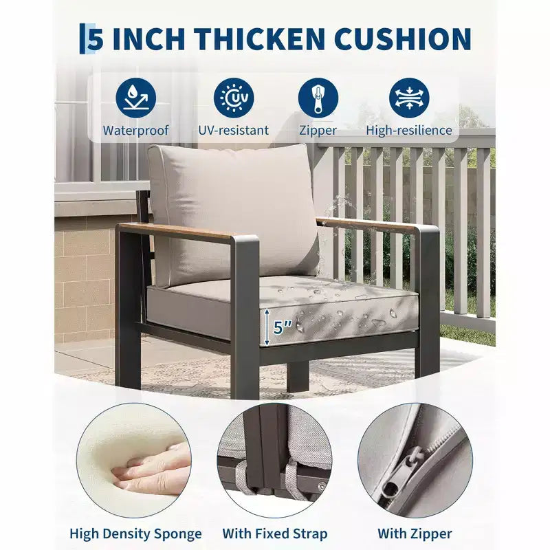 Salon de jardin en aluminium, canapé d'extérieur modulable avec 5 coussins épais, 4 accoudoirs et table basse pour jardin, terrasse, arrière-cour