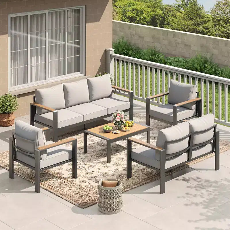 Salon de jardin en aluminium, canapé d'extérieur modulable avec 5 coussins épais, 4 accoudoirs et table basse pour jardin, terrasse, arrière-cour