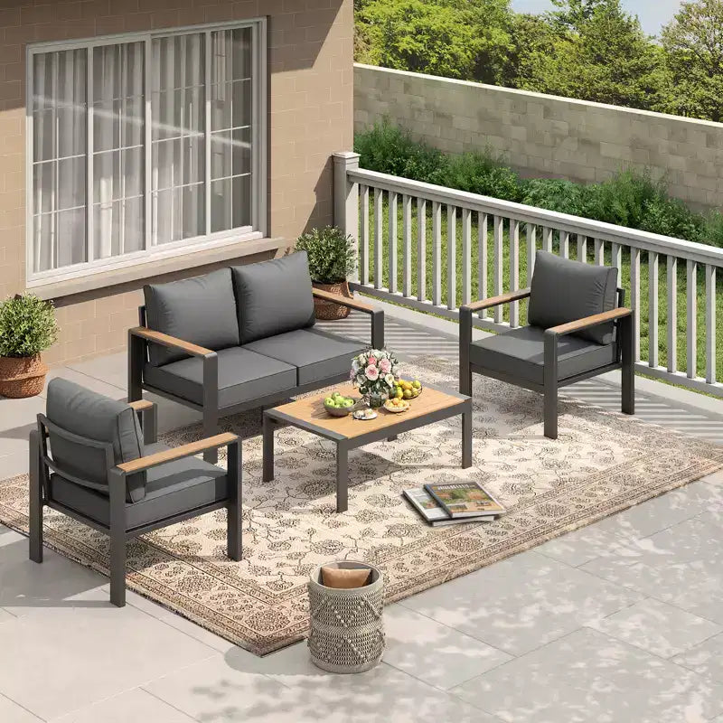Salon de jardin en aluminium, canapé d'extérieur modulable avec 5 coussins épais, 4 accoudoirs et table basse pour jardin, terrasse, arrière-cour