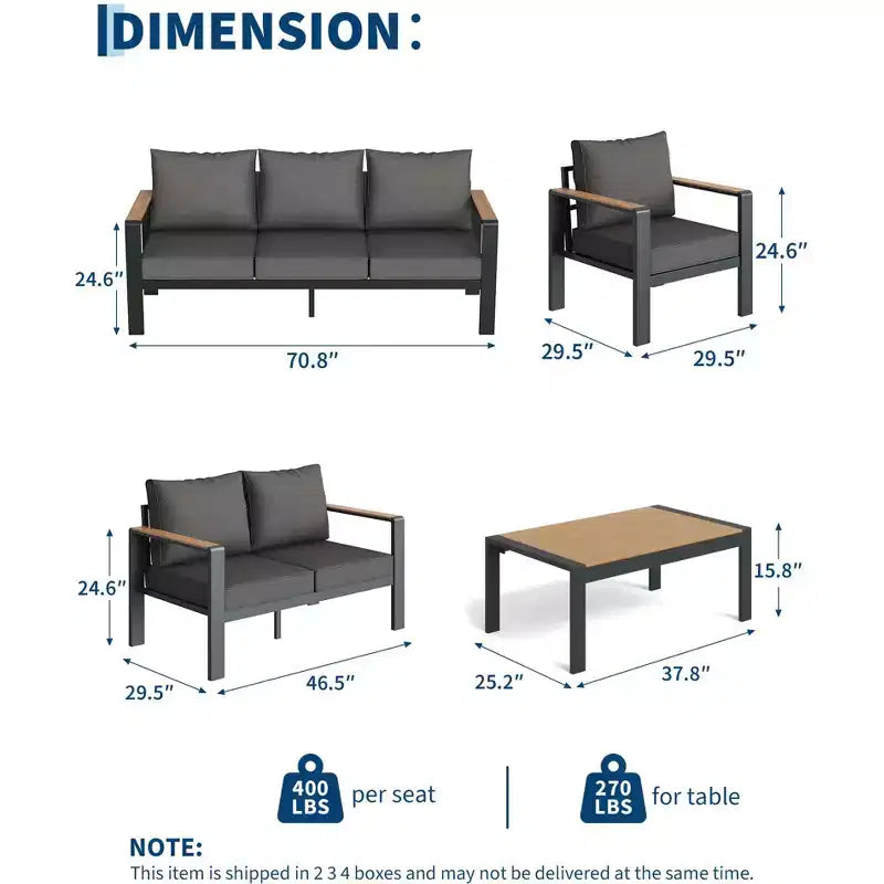 Salon de jardin en aluminium, canapé d'extérieur modulable avec 5 coussins épais, 4 accoudoirs et table basse pour jardin, terrasse, arrière-cour