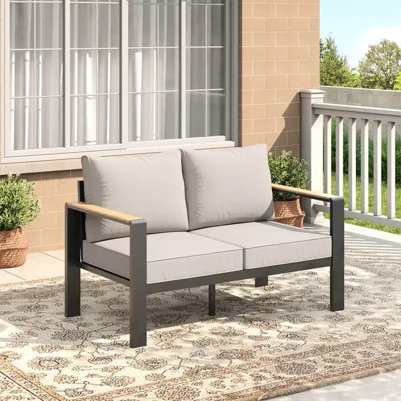 Salon de jardin en aluminium, canapé d'extérieur modulable avec 5 coussins épais, 4 accoudoirs et table basse pour jardin, terrasse, arrière-cour
