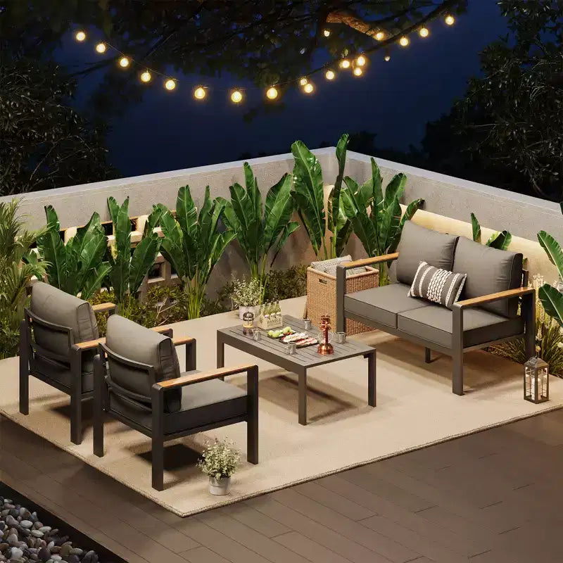 Salon de jardin en aluminium, canapé d'extérieur modulable avec 5 coussins épais, 4 accoudoirs et table basse pour jardin, terrasse, arrière-cour