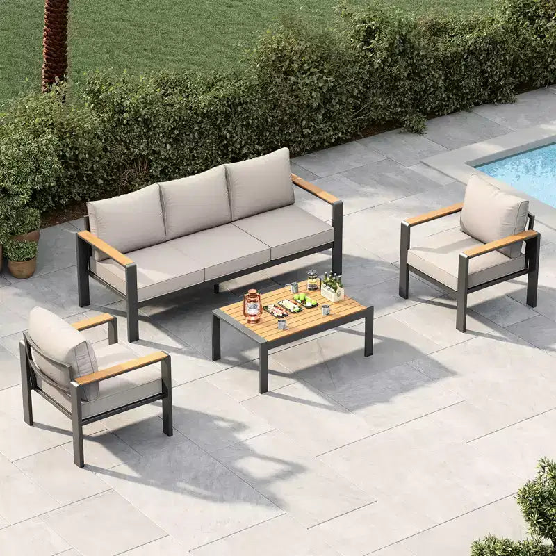Salon de jardin en aluminium, canapé d'extérieur modulable avec 5 coussins épais, 4 accoudoirs et table basse pour jardin, terrasse, arrière-cour