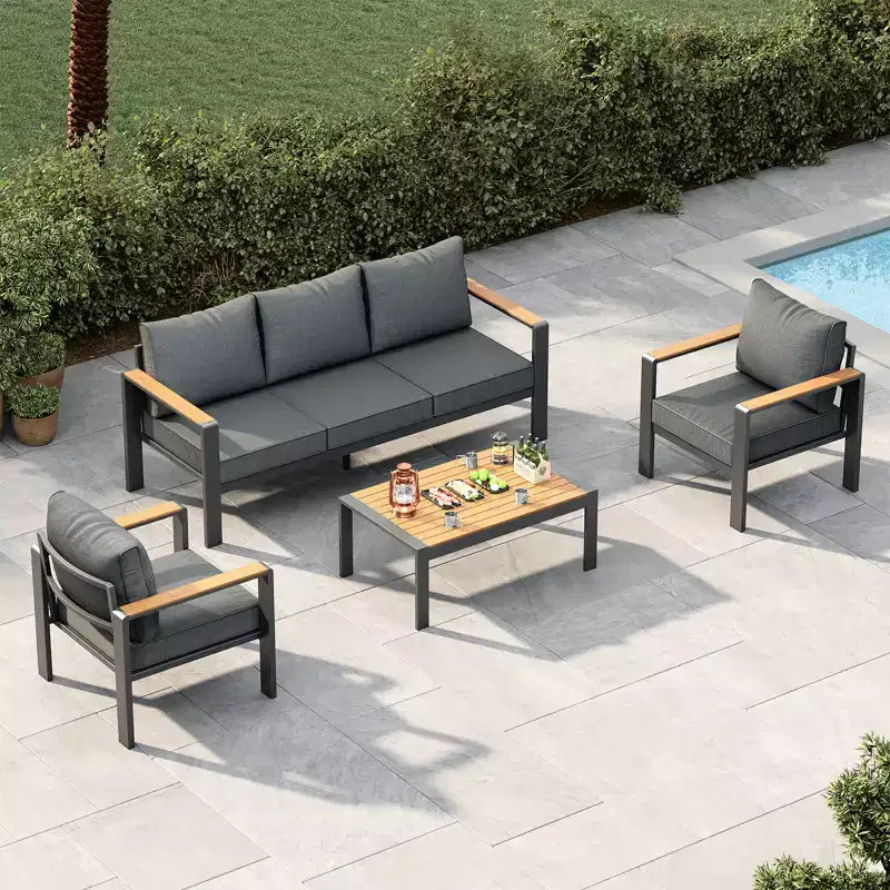 Salon de jardin en aluminium, canapé d'extérieur modulable avec 5 coussins épais, 4 accoudoirs et table basse pour jardin, terrasse, arrière-cour