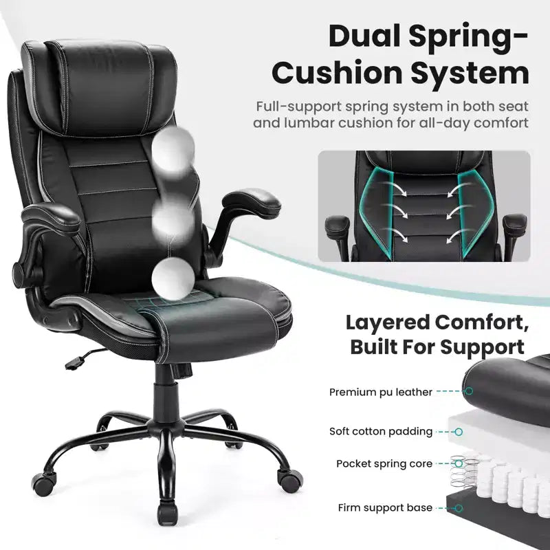 Ergonomic Office Chair, High Back Leather, Adjustable Headrest, Lumbar Support, fold-Up Armrests, Swivel Recliner Desk Chair, for Home or Office