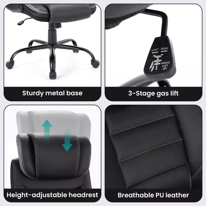Ergonomic Office Chair, High Back Leather, Adjustable Headrest, Lumbar Support, fold-Up Armrests, Swivel Recliner Desk Chair, for Home or Office