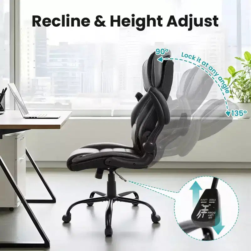 Ergonomic Office Chair, High Back Leather, Adjustable Headrest, Lumbar Support, fold-Up Armrests, Swivel Recliner Desk Chair, for Home or Office