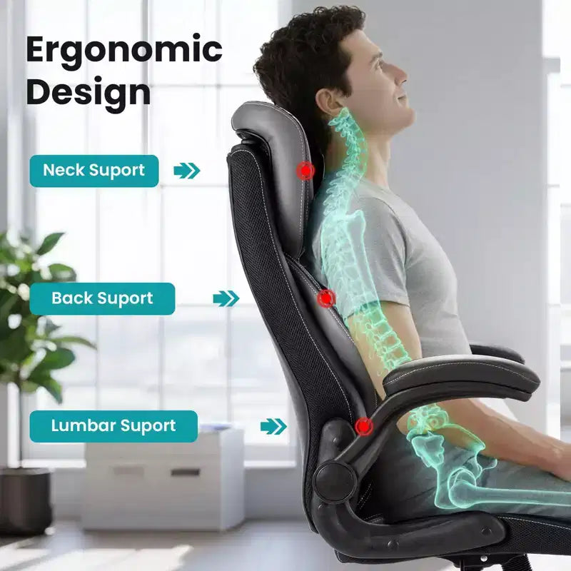 Ergonomic Office Chair, High Back Leather, Adjustable Headrest, Lumbar Support, fold-Up Armrests, Swivel Recliner Desk Chair, for Home or Office