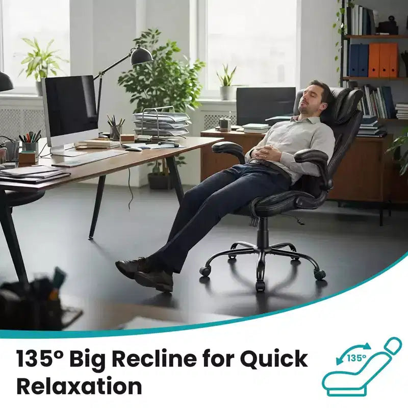 Ergonomic Office Chair, High Back Leather, Adjustable Headrest, Lumbar Support, fold-Up Armrests, Swivel Recliner Desk Chair, for Home or Office