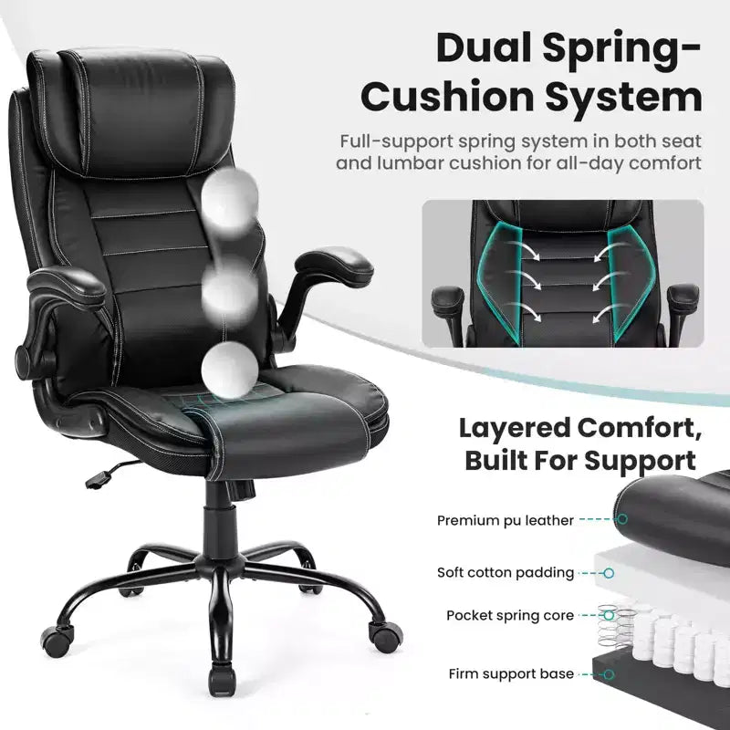 Ergonomic Office Chair, High Back Leather, Adjustable Headrest, Lumbar Support, fold-Up Armrests, Swivel Recliner Desk Chair, for Home or Office
