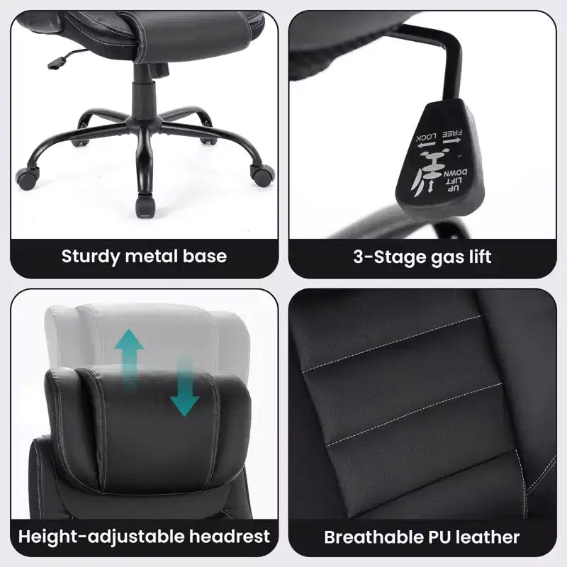 Ergonomic Office Chair, High Back Leather, Adjustable Headrest, Lumbar Support, fold-Up Armrests, Swivel Recliner Desk Chair, for Home or Office