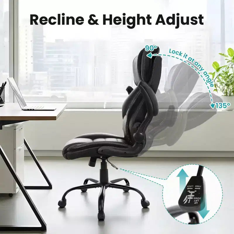 Ergonomic Office Chair, High Back Leather, Adjustable Headrest, Lumbar Support, fold-Up Armrests, Swivel Recliner Desk Chair, for Home or Office