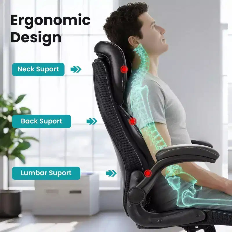 Ergonomic Office Chair, High Back Leather, Adjustable Headrest, Lumbar Support, fold-Up Armrests, Swivel Recliner Desk Chair, for Home or Office