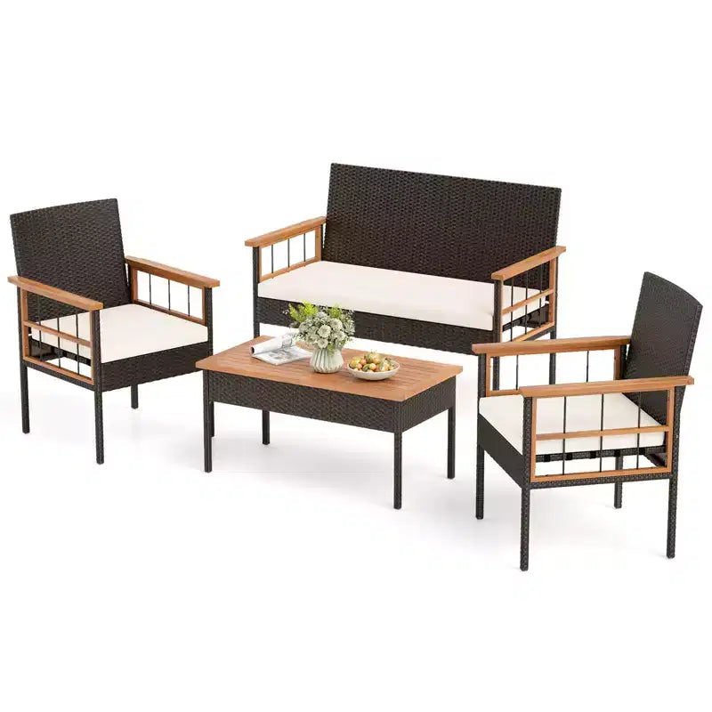 Costway Ensemble de Meubles 4 Pièces en Rotin avec Plateau de Table en Bois d'Acacia Accoudoirs Coussins pour Jardin
